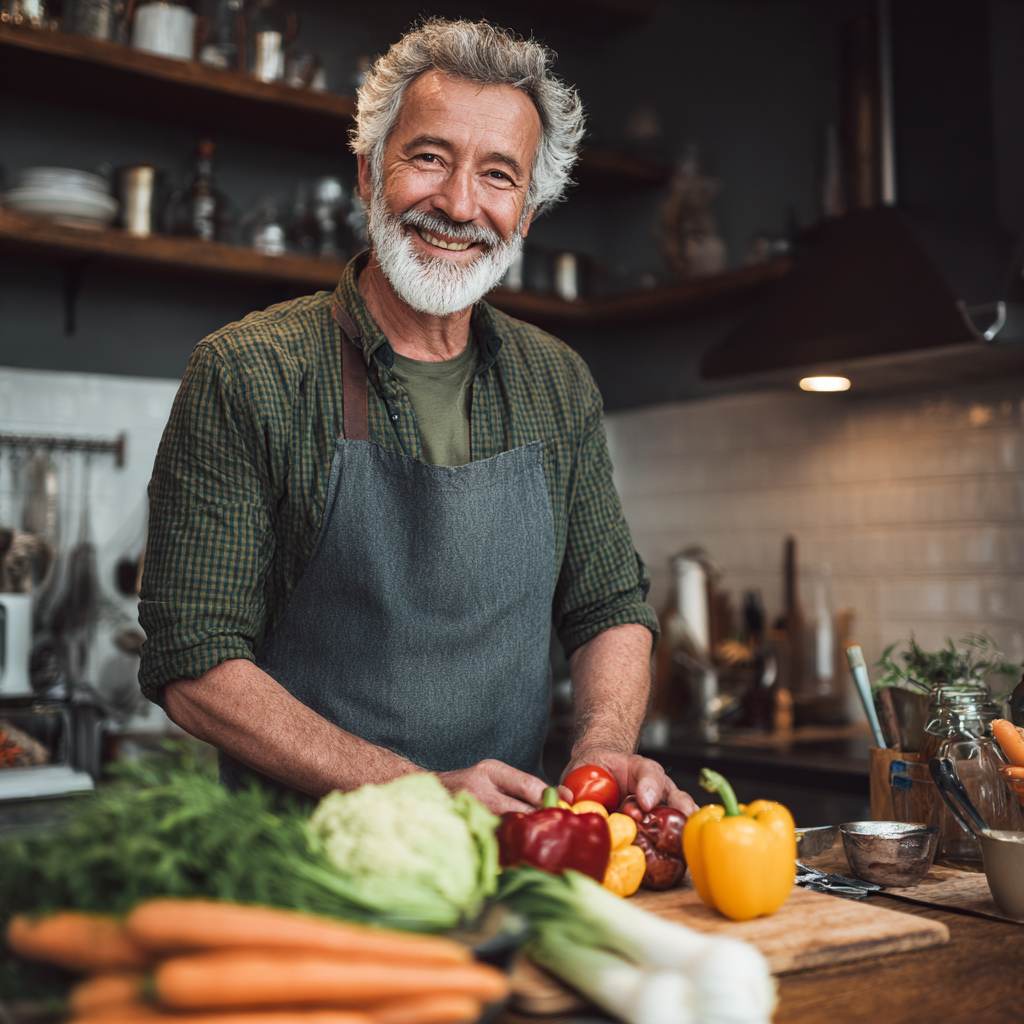 Чоловік 58 років активно готує здорову страву на кухні, посміхається та тримає свіжі овочі в руках