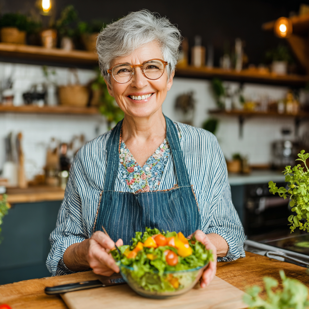 Життєрадісна жінка 55 років з овочевим салатом за кухонним столом, посміхається та демонструє здорове харчування