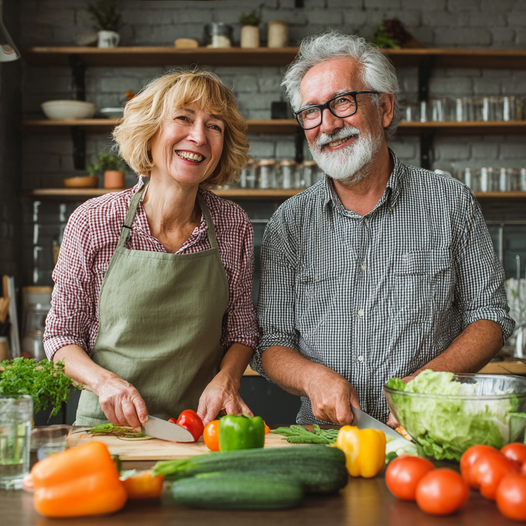 Подружня пара 52-60 років разом готує овочевий салат, посміхається та насолоджується процесом здорового харчування на сучасній кухні